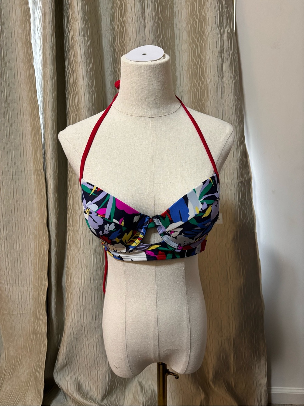 Abercrombie & Fitch Navy Floral Halter Bikini Top with Red Straps size 34C